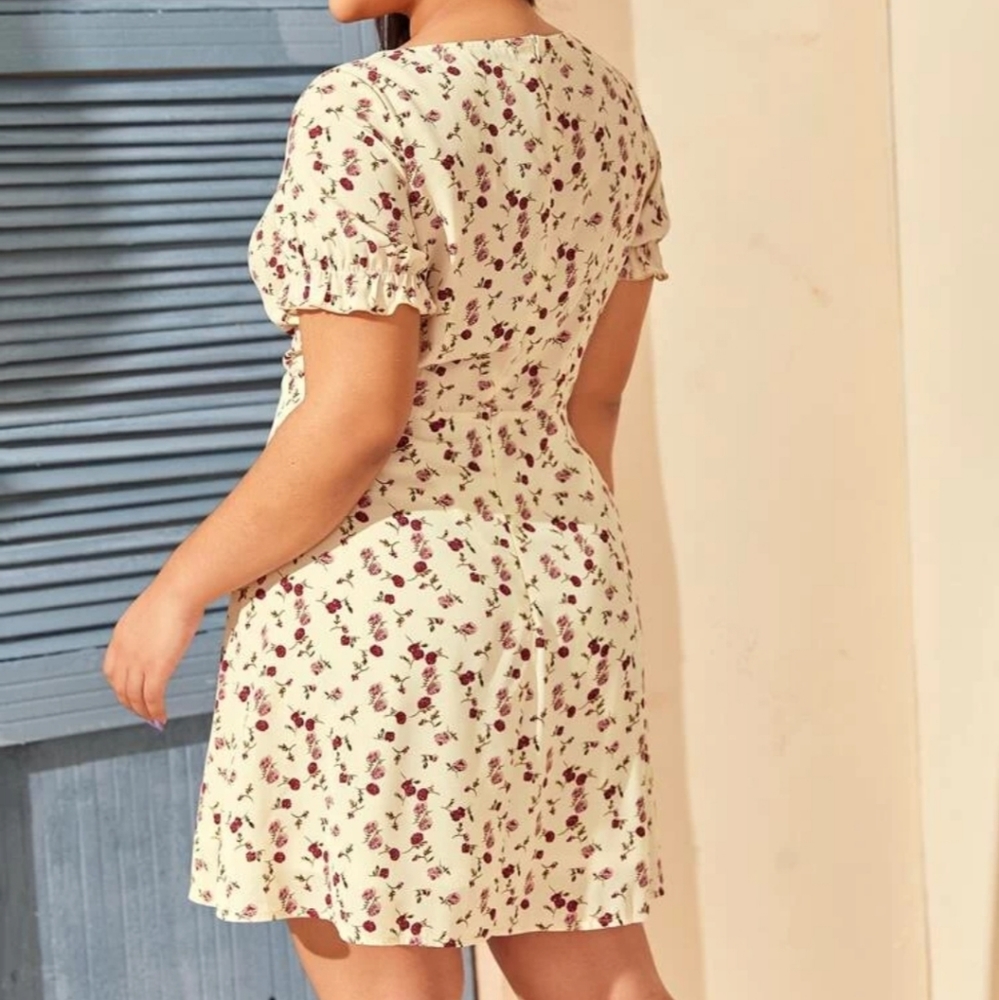 Shein floral dress tie neck cuffed sleeve - Picture 2 of 10